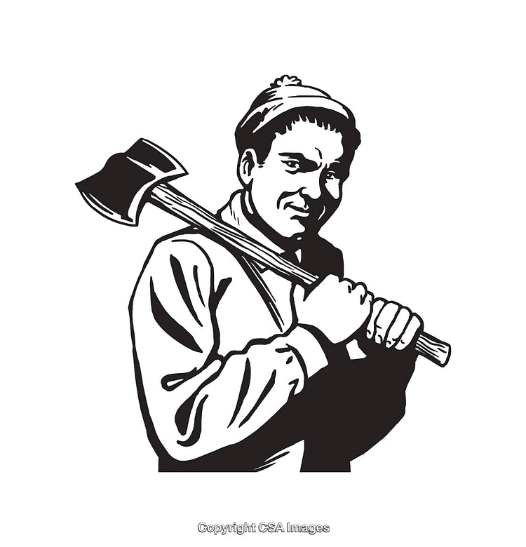 Black and White Illustration of a Strong Man Holding an Axe
