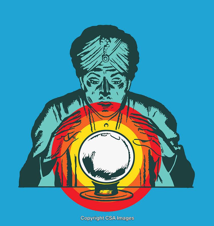 Fortune Teller With Crystal Ball in Colorful Artwork on Bright Background