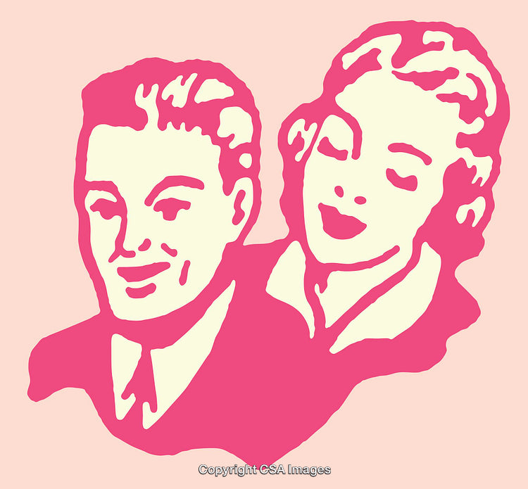 Retro Styled Line Art Illustration of a Male and Female Smiling