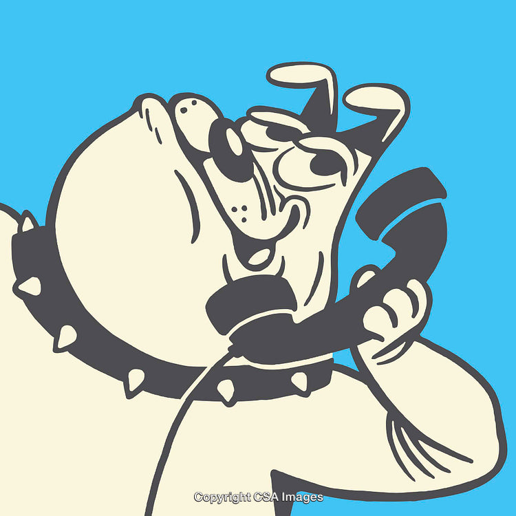 Playful Cartoon Canine Talking on Telephone with Blue Background