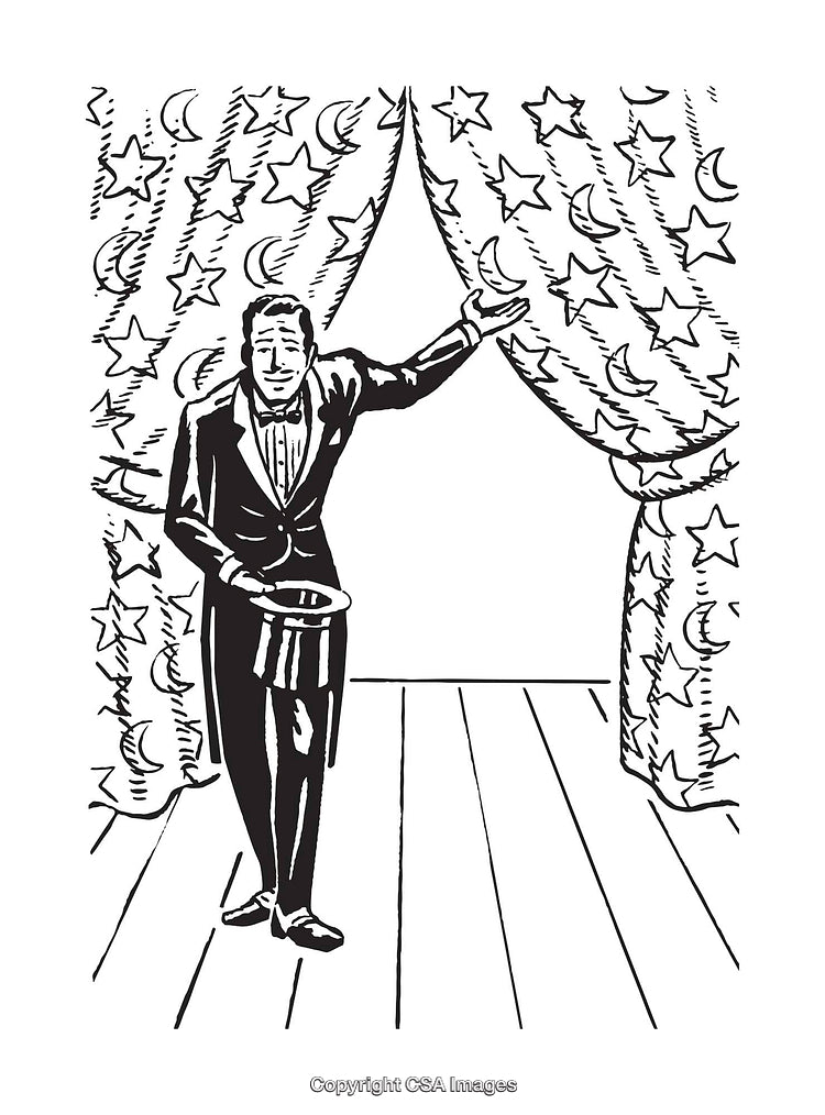 Black and White Illustration of a Magician on a Stage