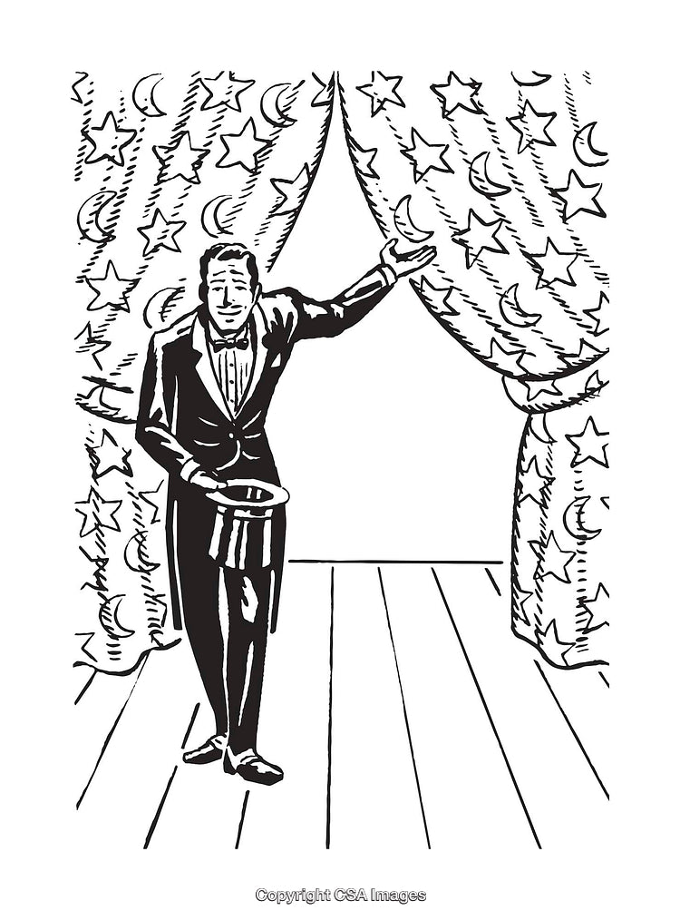 Black and White Illustration of a Magician on a Stage