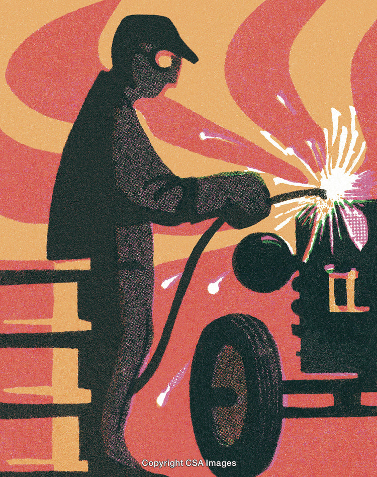 Worker Welding Metal Components in Artistic Retro Illustration Style