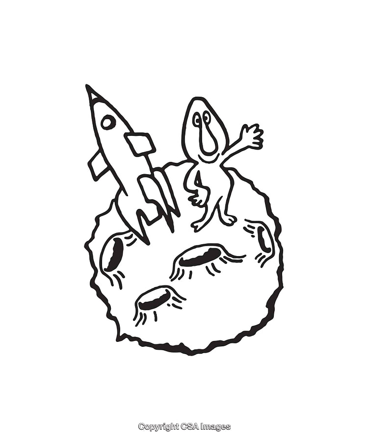 Fantasy Line Art with Alien and Rocket on Unique Planet Surface