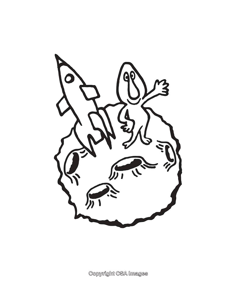 Fantasy Line Art with Alien and Rocket on Unique Planet Surface