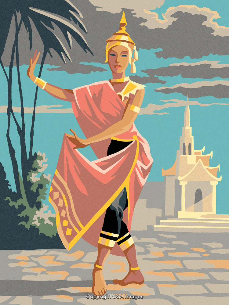 Traditional Thai Dancer in Scenic Temple Background with Bold Colors