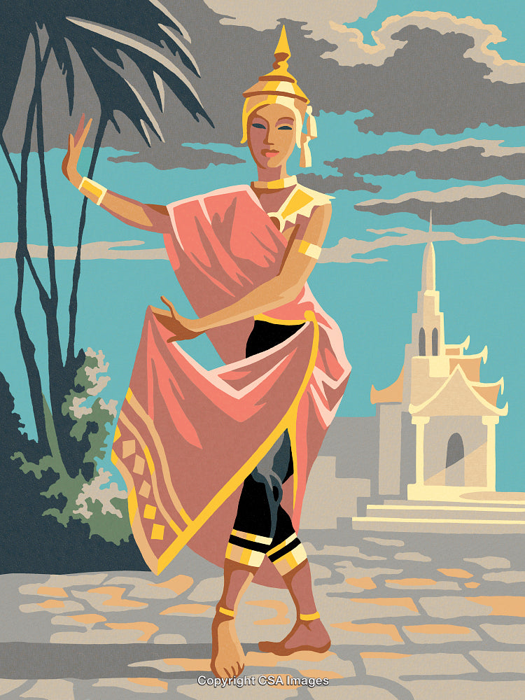 Traditional Thai Dancer in Scenic Temple Background with Bold Colors