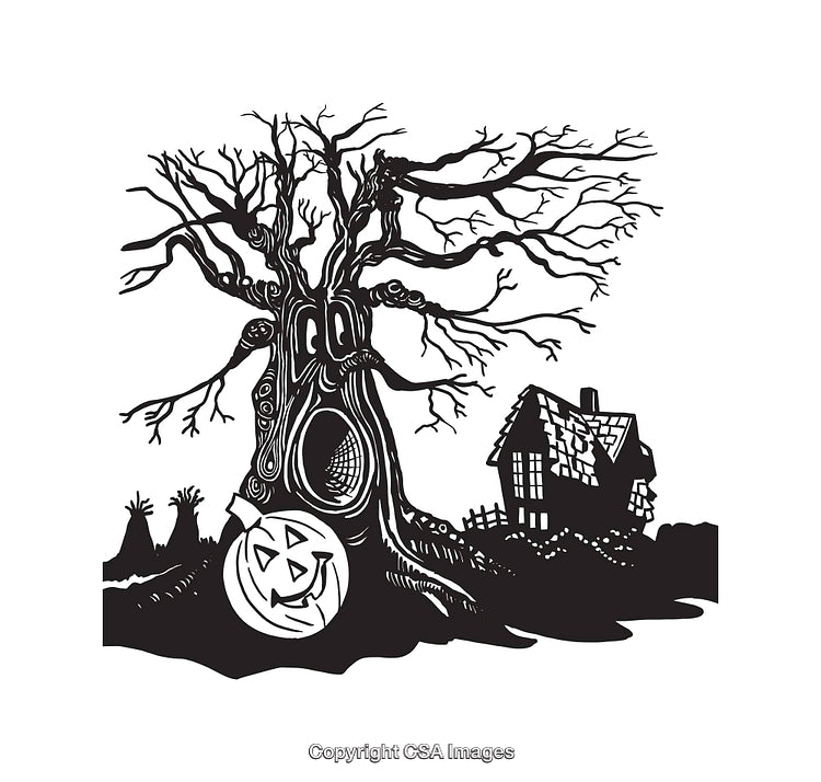 Spooky Black and White Halloween Scene with Haunted Tree and Pumpkin