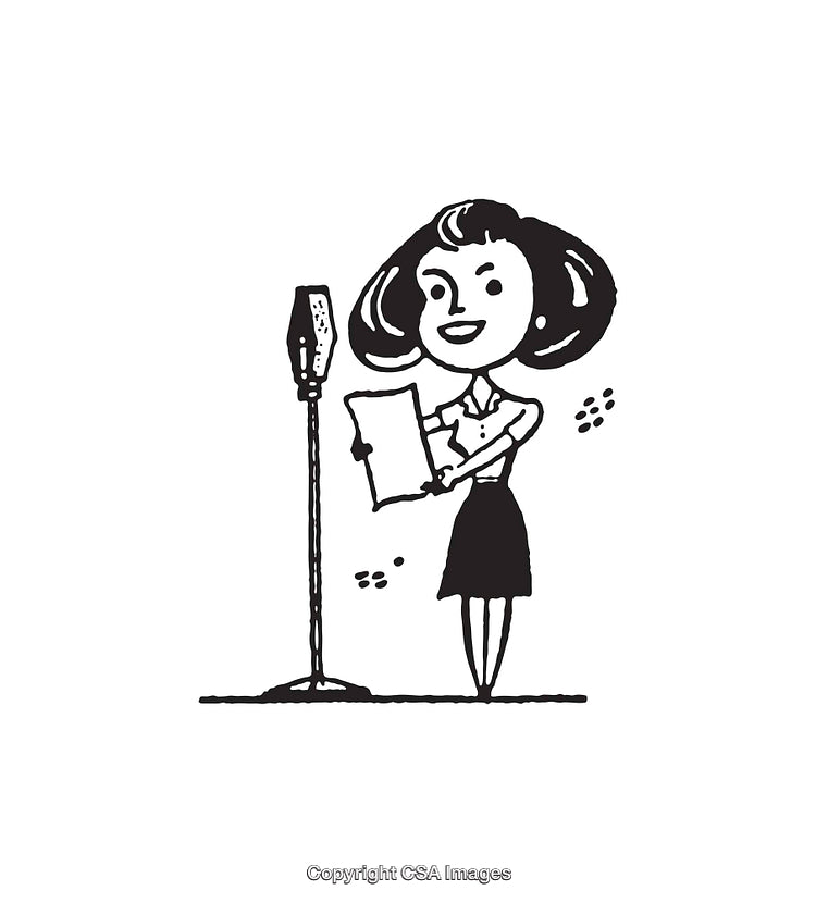 Vintage Black And White Illustration of Woman Speaking at Microphone