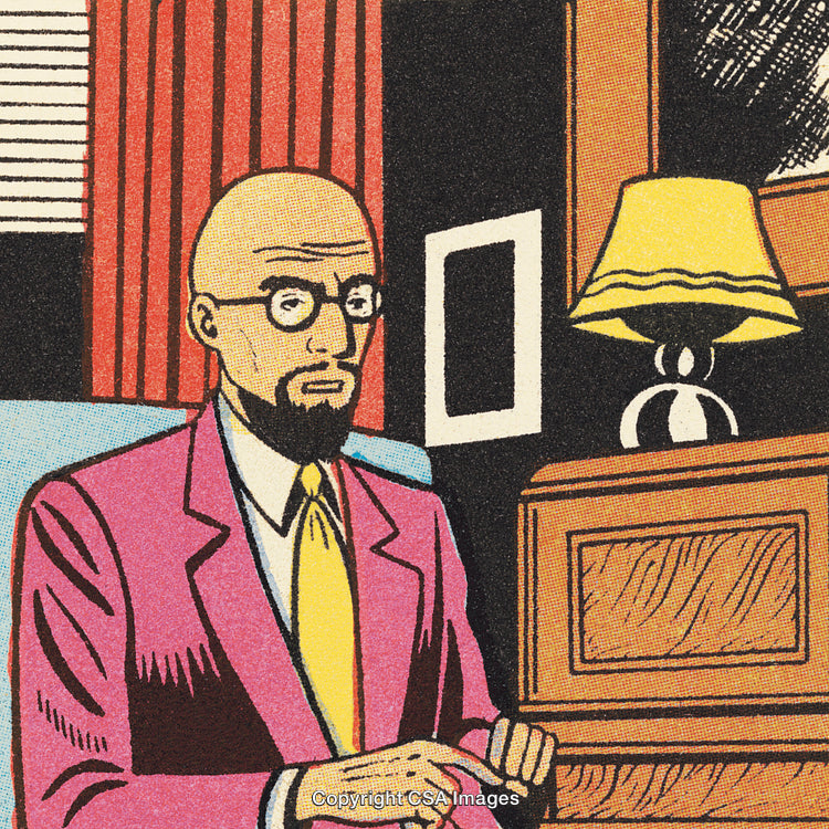 Retro Illustrated Gentleman Sitting Within a Styled Office Interior