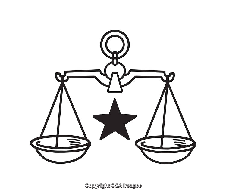 Black and White Line Art of Justice Scales with Star