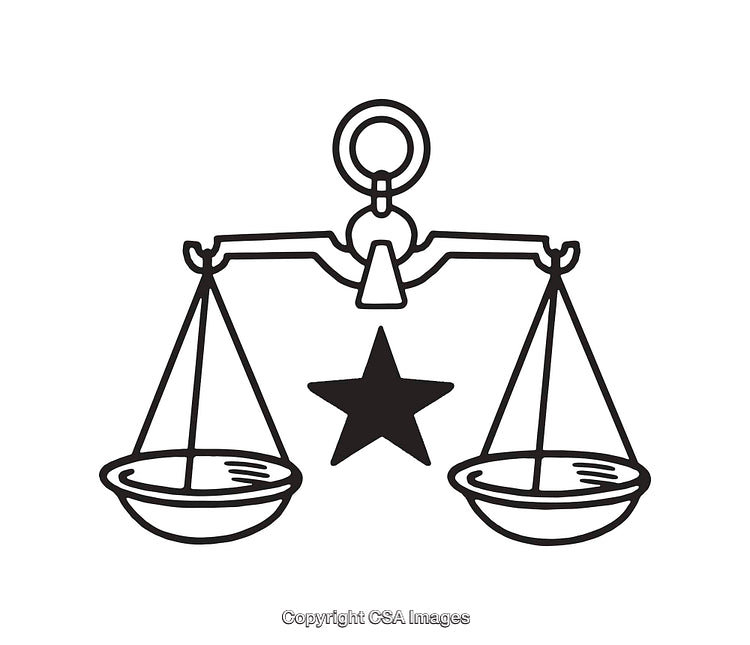Black and White Line Art of Justice Scales with Star