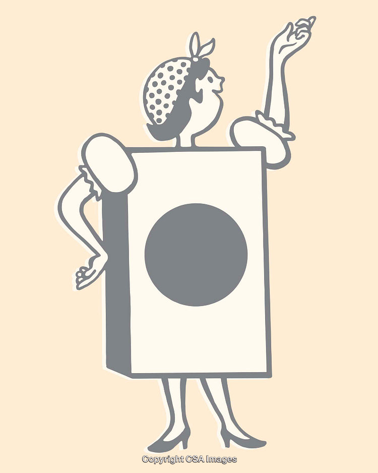 Retro Line Art Illustration of a Woman in Vintage Laundry Theme