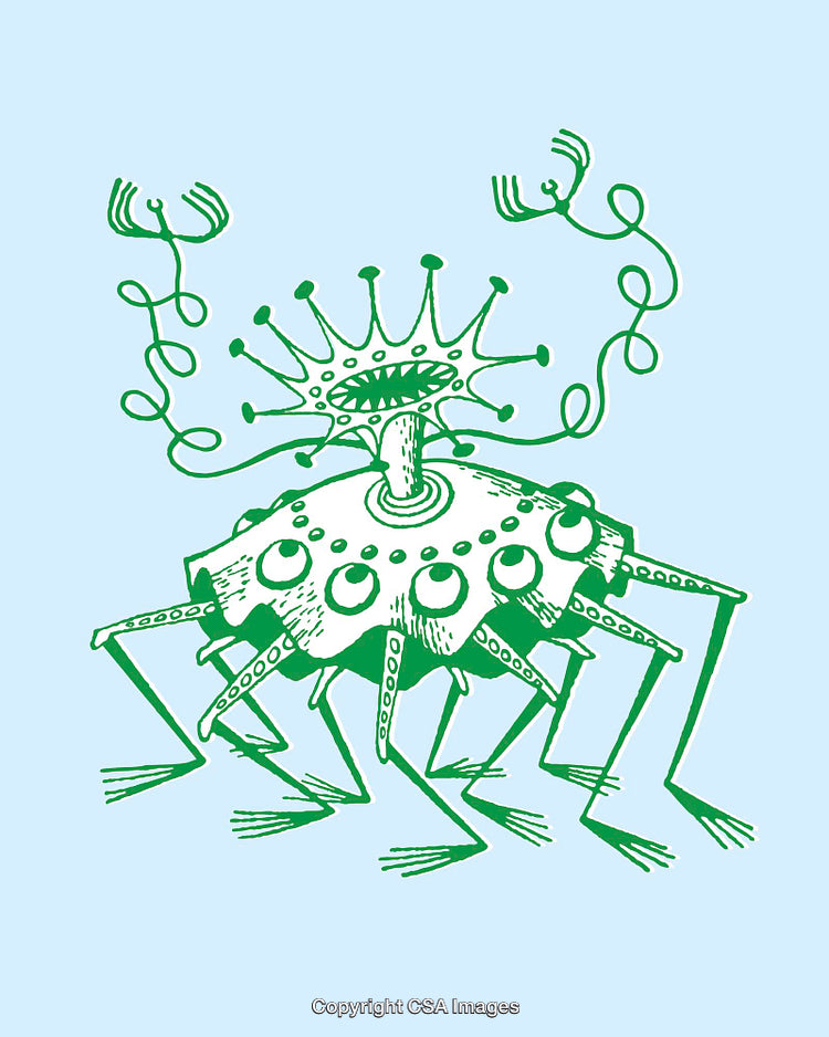 Abstract Green Creature With Eyes and Tentacles on Light Blue Background