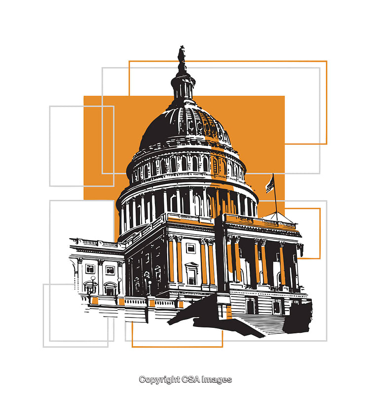 Illustrative Design of Capitol Building with Geometric Accents in Contrasting Colors