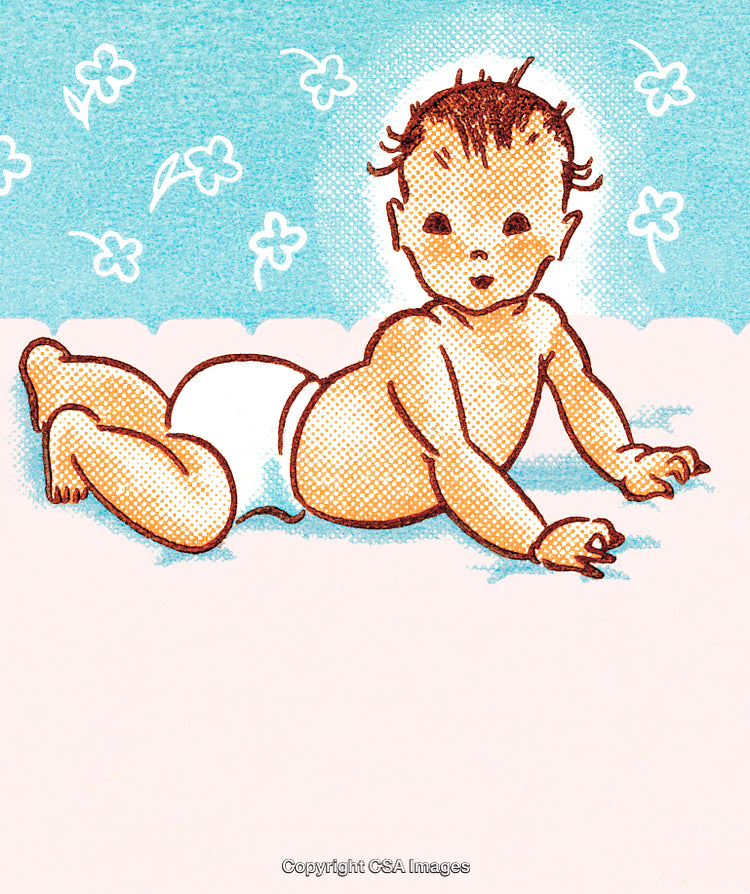 Vintage Style Illustration of a Baby in a Diaper on a Blue Background