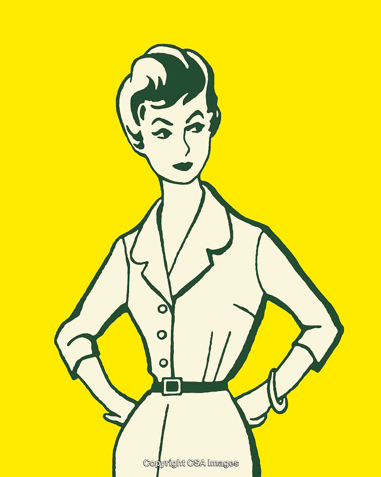 Vintage Line Art Illustration of a Stylish Woman on Yellow Background