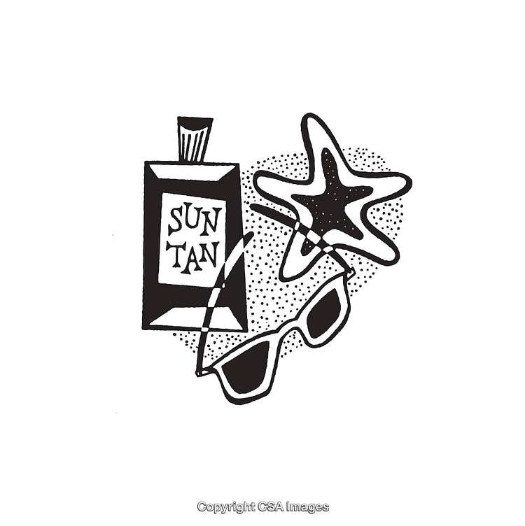 Black and White Line Art of Summer Essentials for a Beach Vacation