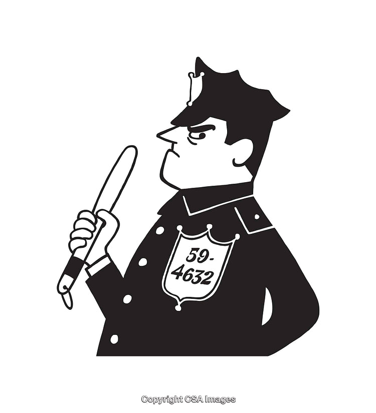 Illustration of a Stern Police Officer Holding a Baton in Black and White