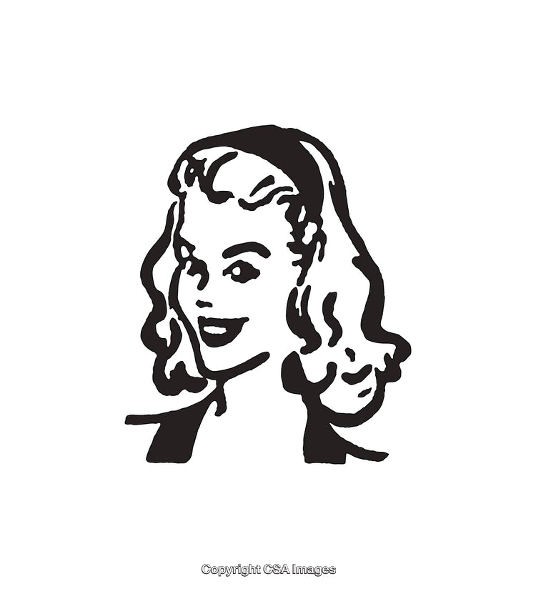 Vintage Style Black and White Line Art of Smiling Woman