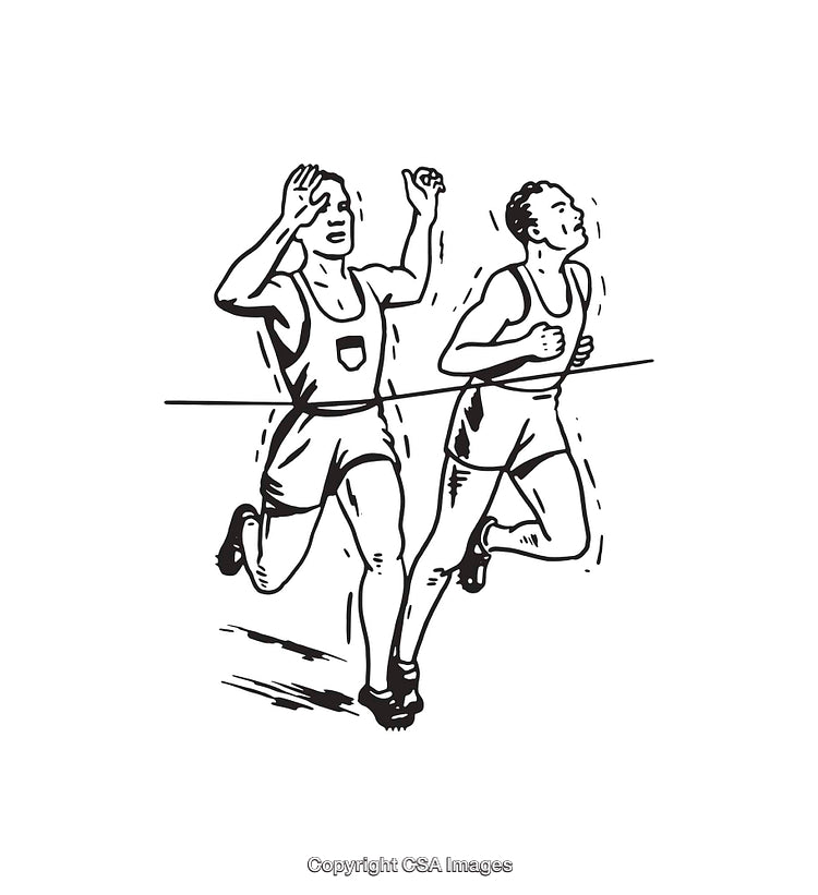 Black and White Line Art of Competitive Race Finish Moment