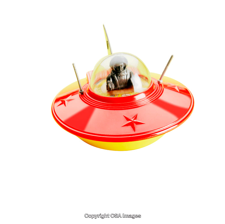 Retro Toy Spaceship with Astronaut in Colorful Red and Yellow Design