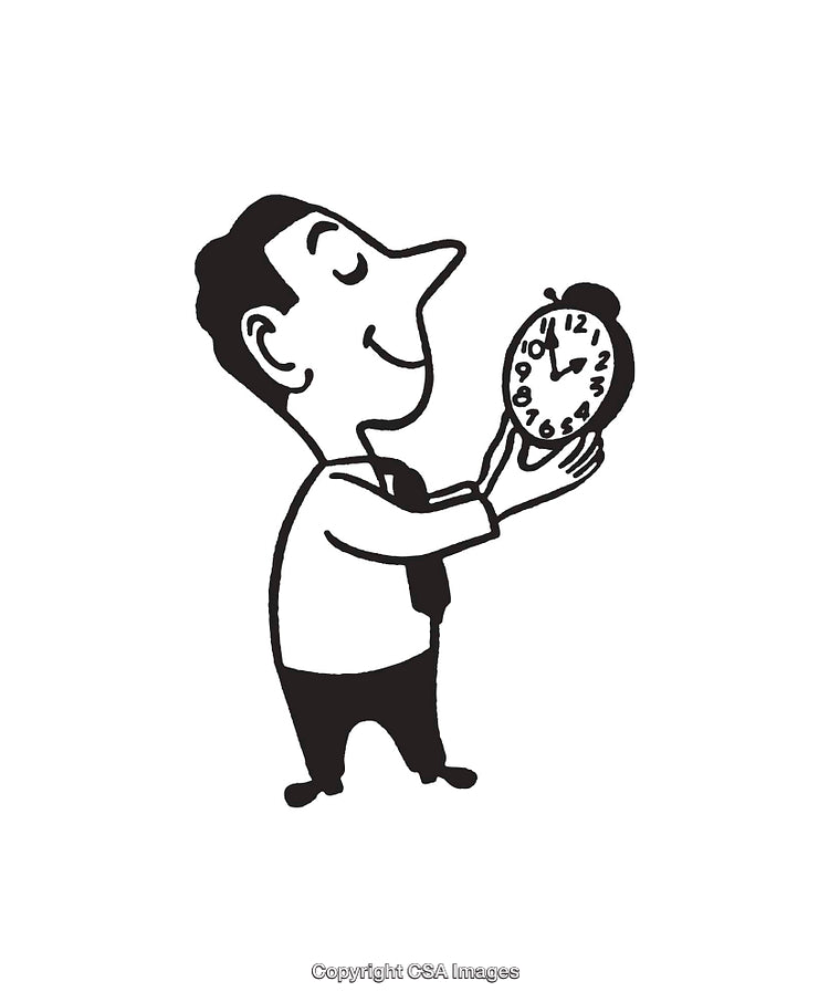 Black and White Illustration of a Man Holding a Clock in Hands