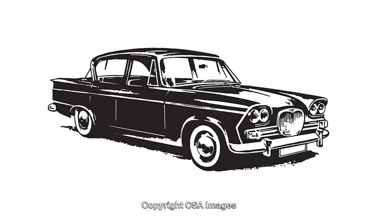 Vintage Black and White Illustration of Classic Car in Line Art Style
