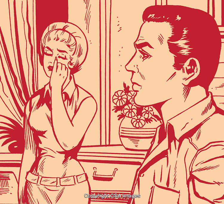 Retro Illustration of Emotional Couple in Discussion Inside a Simple Room Setting