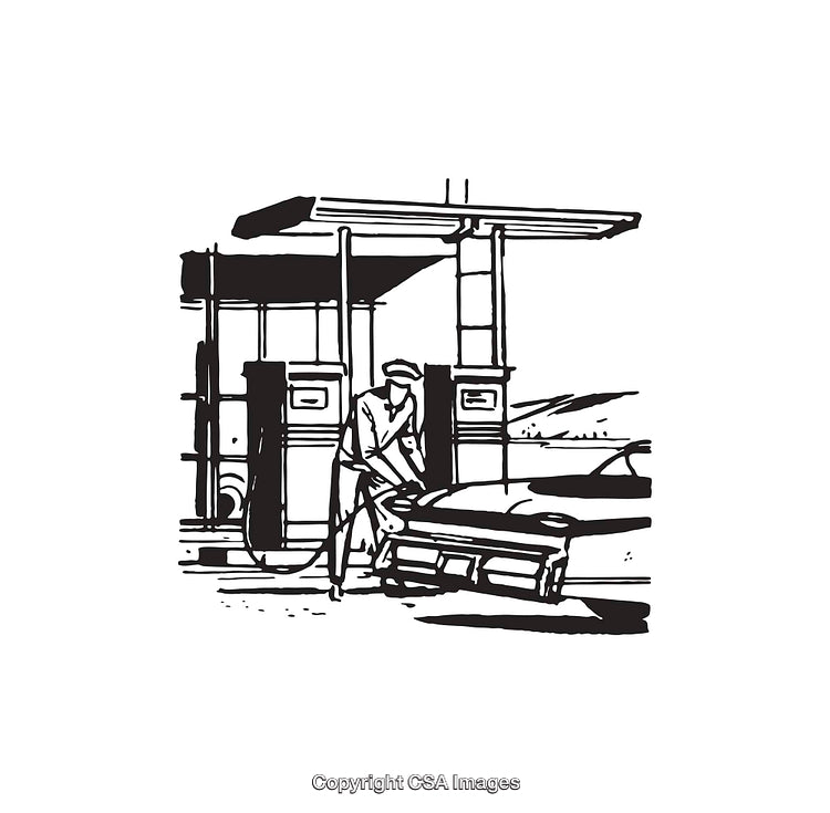 Vintage Line Art Illustration of a Gas Station Scene