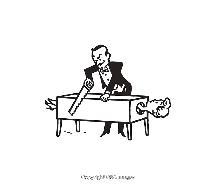 Magician Performing a Classic Sawing Illusion in Black and White Art