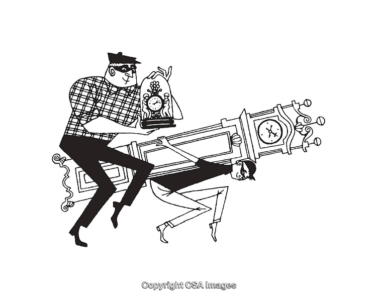 Comical Black and White Illustration of Two Burglars Stealing a Grandfather Clock