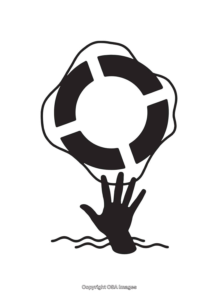 Silhouette of Hand Reaching for Lifebuoy in Minimalist Line Art Style
