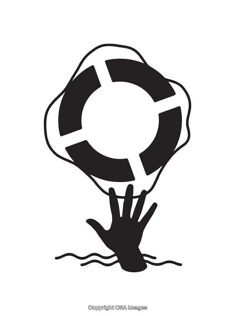 Silhouette of Hand Reaching for Lifebuoy in Minimalist Line Art Style