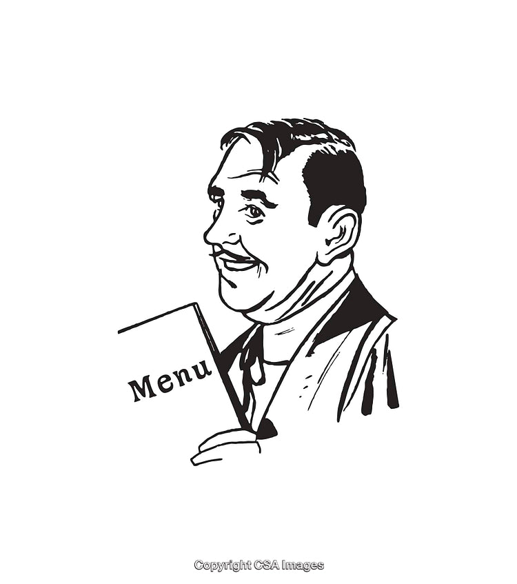 Vintage Black and White Illustration of a Smiling Man Holding a Menu