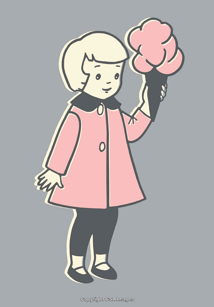 Illustration of a Girl Holding Cotton Candy in a Cute Pink Outfit