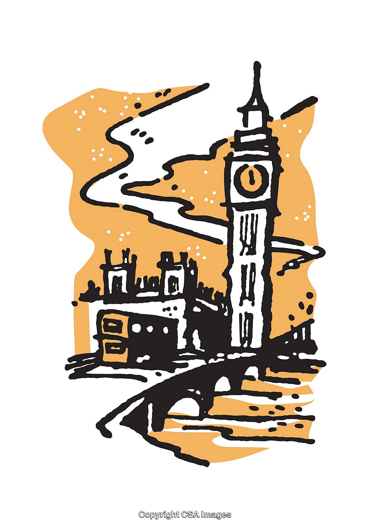 Illustrated London Landmark Featuring Big Ben and Westminster Bridge