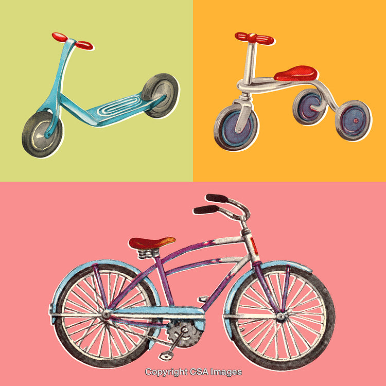 Vintage Illustrations of Bicycle, Tricycle, and Scooter Set on Colored Backgrounds