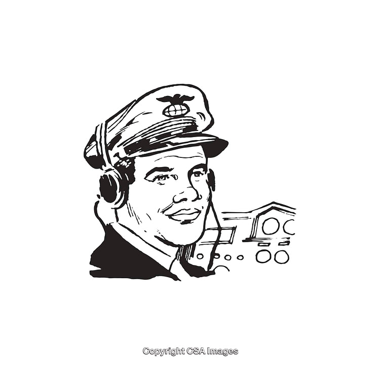 Vintage Line Art Portrait of a Smiling Pilot with Flight Headset