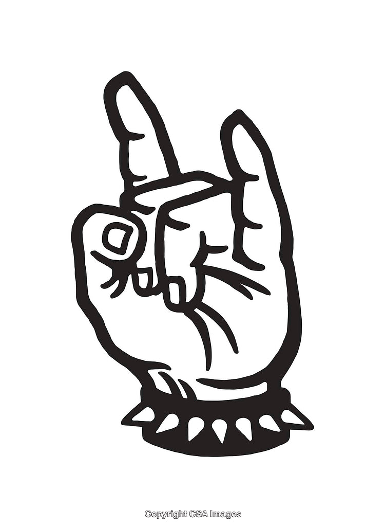 Black and White Line Art of Rock Hand Symbol with Spiked Bracelet