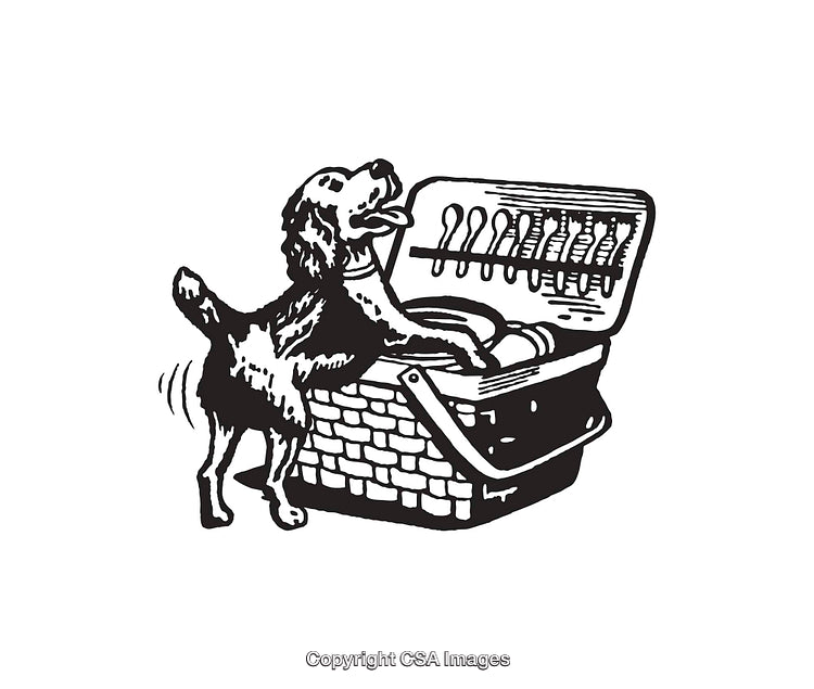 Vintage Black and White Illustration of a Dog and Picnic Basket