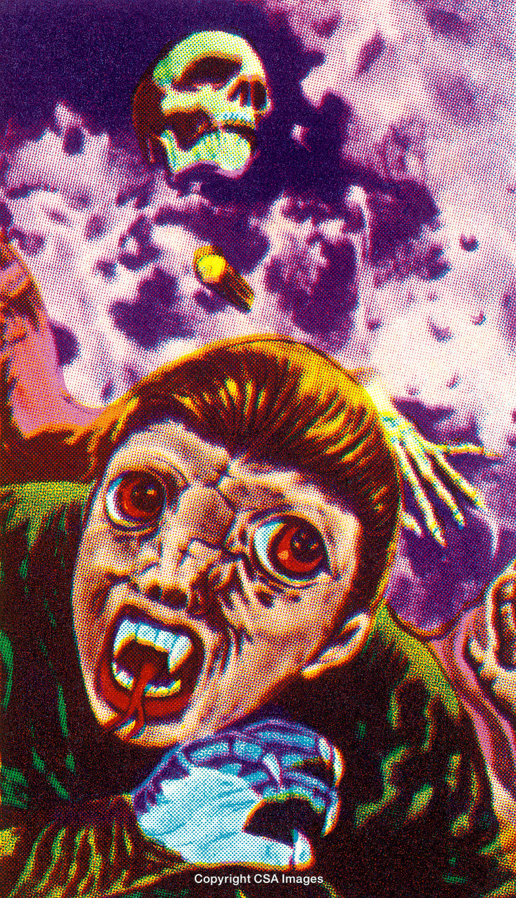 Surreal Artwork Featuring a Vampire-Like Creature and Mysterious Skull in Cosmic Scene