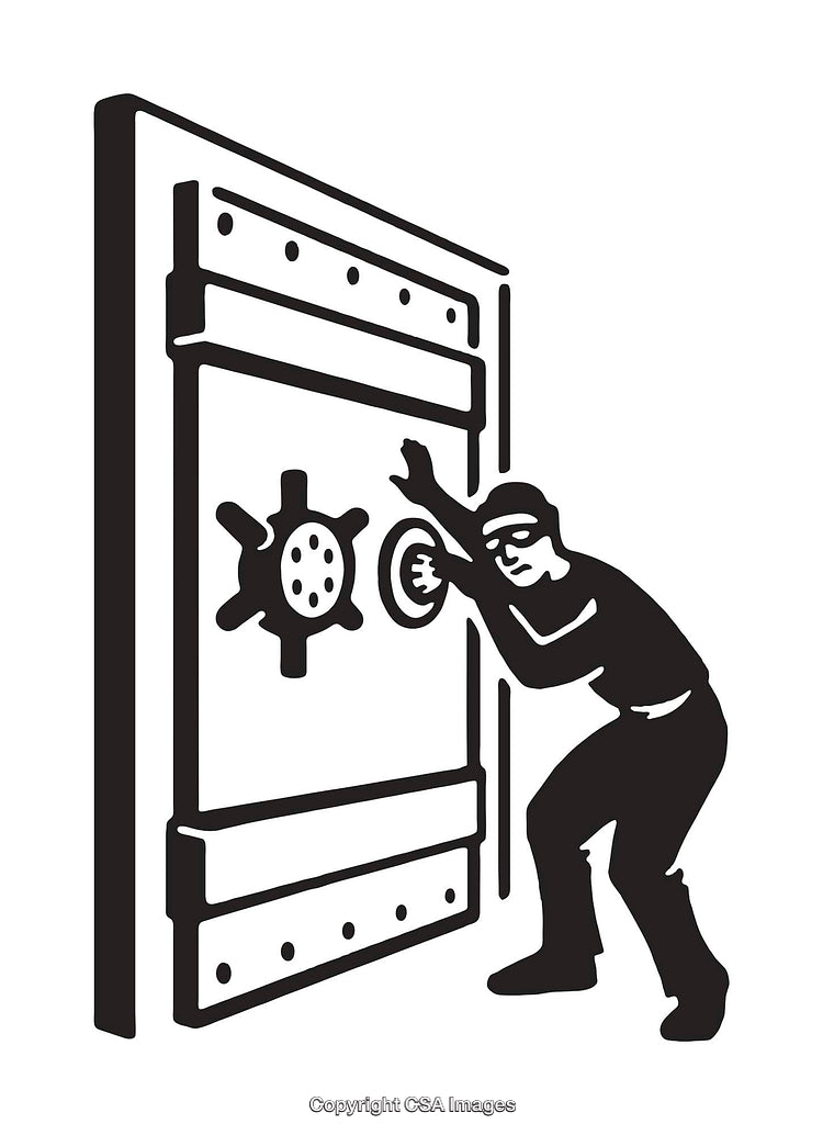Black and White Line Art Depicting A Burglar Opening a Large Bank Vault
