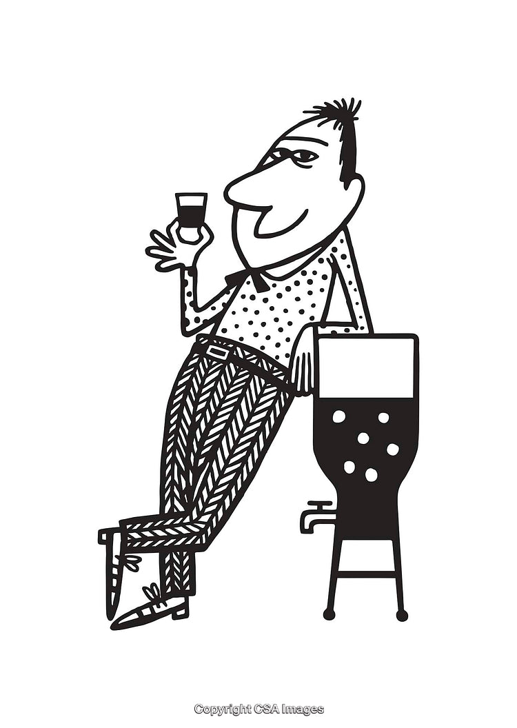 Black and White Cartoon Character with Beverage and Dispenser