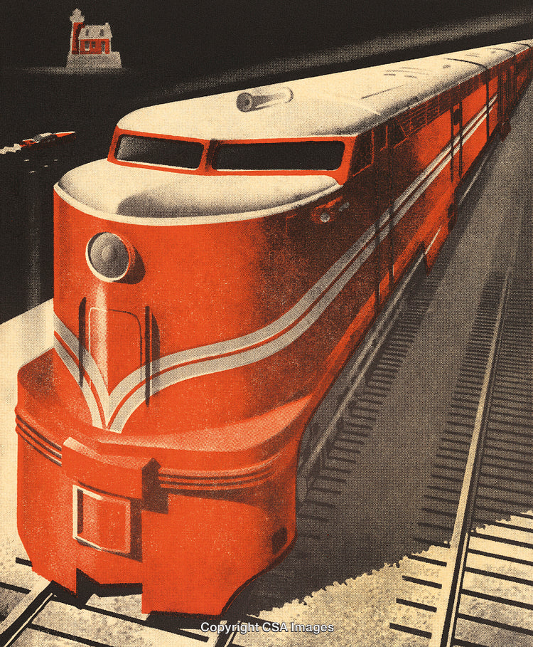 Retro Illustration of a Red Modern Train on Tracks in Scenic Setting