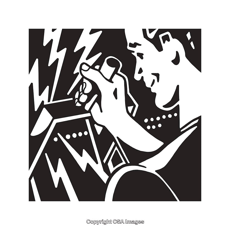 Black and White Illustration Depicting Man with Lightning and Instruments