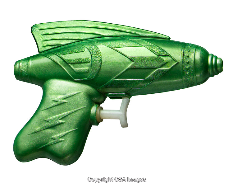 Green Plastic Toy Ray Gun with Futuristic Design Isolated on White
