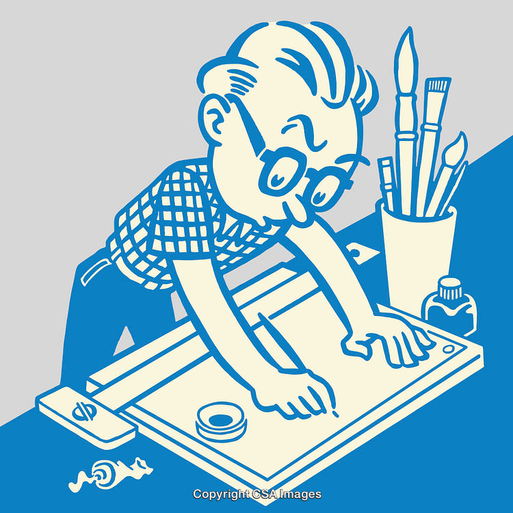 Artist Sketching at Drafting Table in Retro Style Illustration