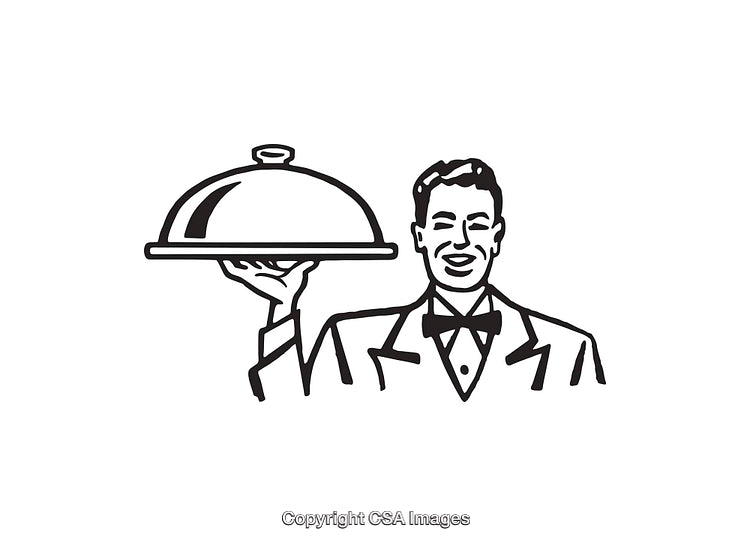 Elegant Waiter Holding a Tray in Black and White Line Art Illustration