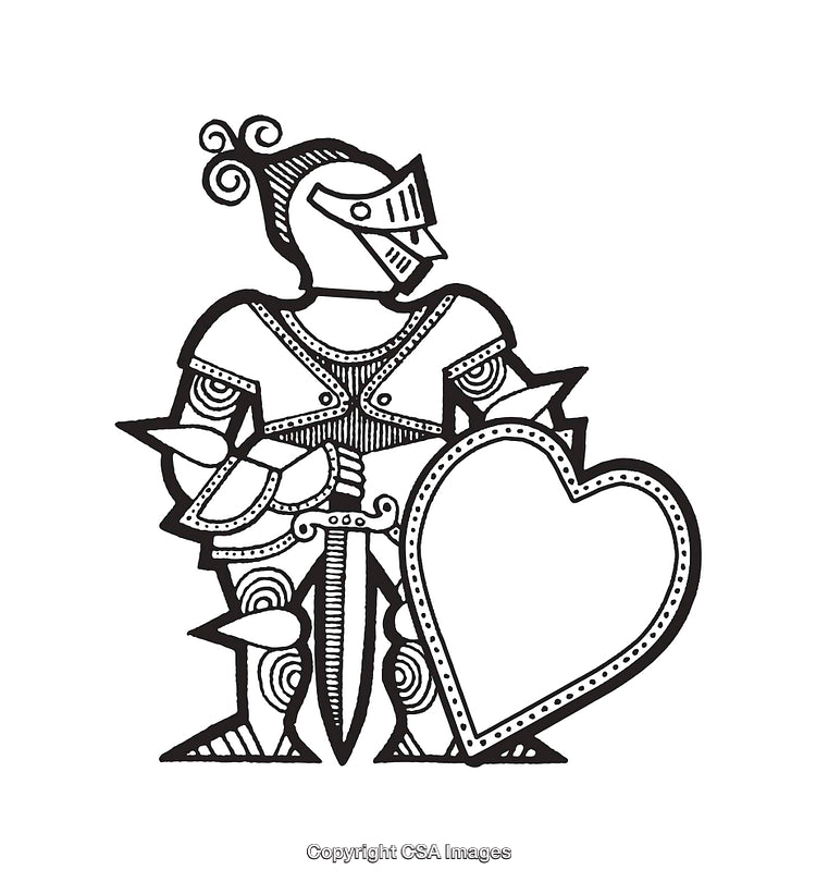 Intricate Black and White Line Art of a Knight with Heart-Shaped Shield